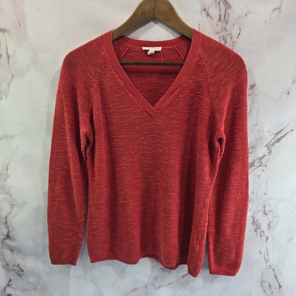 Eileen Fisher Sweater Womens Medium Orange Linen Organic Cotton V Neck